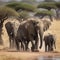 AI generated herd of elephants and their cubs in an African forest