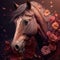 AI generated Horse portrait with red rose petals