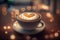 AI generated of hot art latte coffee in cup on wooden table and coffeeshop blur background