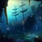AI generated hyper-realistic illustration of an abandoned sunken ship underwater