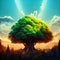 AI generated hyper-realistic illustration of an evergreen tree in a magical forest under a blue sky