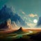 AI generated hyper-realistic illustration of mountains in a field under a dramatic sky