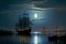 AI generated illustration of the 17th century sailboats at night with a cloudy sky in the background