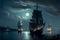 AI generated illustration of the 17th century sailboats at night with a cloudy sky in the background