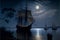 AI generated illustration of the 17th century sailboats at night with a cloudy sky in the background