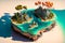 AI generated illustration of a 3D diorama of rocky islands and boats sailing on the sea