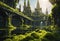 AI generated illustration of An abandoned cityscape covered in lush green moss