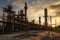 AI generated illustration of an abandoned oil refinery, with a large, industrial building