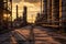 AI generated illustration of an abandoned oil refinery, with a large, industrial building