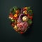 AI generated illustration of an abundance of fresh vegetables arranged to form the shape of a heart
