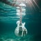 AI generated illustration of an acoustic guitar submerged in the water