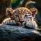 AI-generated illustration of An adorable baby leopard resting serenely atop a large rock