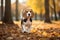 AI generated illustration of an adorable beagle pup walking through a pile of autumn leaves