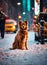 AI generated illustration of an adorable brown dog sitting on a sidewalk covered in snow