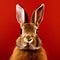 AI generated illustration of an adorable brown-furred rabbit with a red background