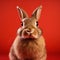 AI generated illustration of an adorable brown-furred rabbit with a red background