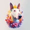 AI generated illustration of an adorable bull terrier dog surrounded by vibrant flowers