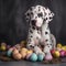 AI generated illustration of an adorable Dalmatian puppy surrounded by Easter eggs