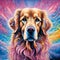 AI generated illustration of an adorable dog posed in front of a decorative artwork