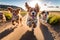 AI generated illustration of adorable dogs running towards the camera in the sunny field