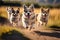 AI generated illustration of adorable dogs running towards the camera in the sunny field