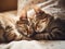 AI-generated illustration of adorable domestic cats cuddling on a bed