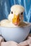 AI generated illustration of an adorable duck perched in a white ceramic bowl