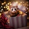 AI generated illustration of an adorable ferret sits in a festive purple box