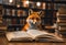 AI generated illustration of An adorable fox at a wooden table surrounded by an array of books