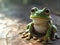 AI generated illustration of an adorable frog with large eyes perched atop a textured rock