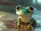 AI generated illustration of an adorable frog with large eyes perched atop a textured rock