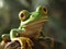 AI generated illustration of an adorable frog with large eyes perched atop a textured rock