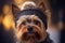 AI generated illustration of an adorable furry Yorkshire Terrier in a winter hat