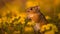 AI generated illustration of an adorable hamster surrounded by yellow flowers in the field