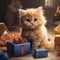 AI generated illustration of an adorable kitten next to a pile of wrapped gifts at Christmas