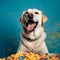 AI generated illustration of an adorable Labrador, curiously looking at a pile of candy corns