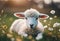 AI generated illustration of an adorable lamb resting amidst daisies on lush grass