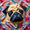 AI generated illustration of an adorable paper pug against vibrant mosaic backdrop