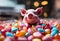 AI generated illustration of an adorable piglet sitting on a stack of colorful candies