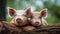 AI generated illustration of adorable piglets cuddling together on a wooden log