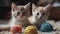 AI generated illustration of adorable playful kittens playing with colorful yarns