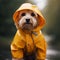 AI generated illustration of an adorable pup wearing a bright yellow rain jacket in a park