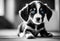 AI generated illustration of an adorable puppy in grayscale, with blue eyes
