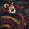 AI generated illustration of an adorable red panda among foliage, looking with its expressive eyes