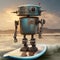 An AI-generated illustration of an adorable rustic robot standing on a surfboard