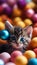 AI generated illustration of adorable small kitten curled up among a rainbow of colored balls