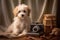 AI generated illustration of an adorable small pup sitting next to an array of books and a camera