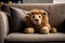 AI-generated illustration of an adorable stuffed lion toy resting on a cozy sofa