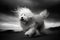 AI generated illustration of an adorable white dog running through the sand in grayscale