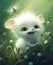 AI generated illustration of an adorable white kitten lounging in a picturesque field